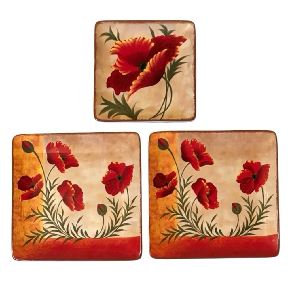 Pier 1 Poppies Plates Set Hand Painted Earthenware 3 Pc Set Red Yellow Cream Tan